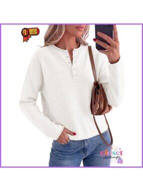 Women's Henley Button Up Loose Fit Knit Pullover Sweater Long Sleeve